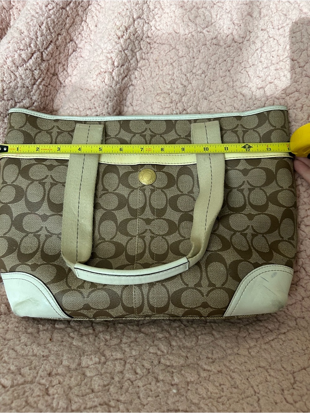 Coach Canvas Signature Stripe Tote in Brown and Cream with Pale Yellow Trim - Picture 5 of 6
